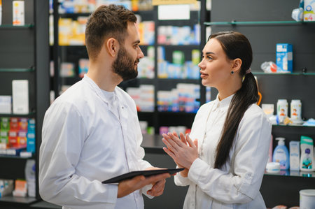 Pharmacists in white coats managing inventory and assisting customers in a contemporary drugstore, ensuring professional healthcare serviceの写真素材