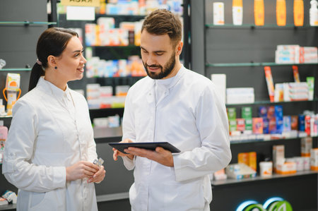 Pharmacists partners collaborating in a modern pharmacy with medicine on shelves, providing healthcare and medication adviceの写真素材