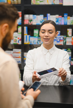Friendly pharmacist holding a payment terminal, accepting contactless payment from a customer using their smartphone at a pharmacy counterの写真素材
