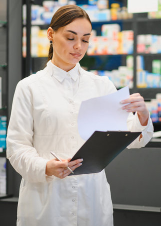 Young woman pharmacist wearing a white coat checking papers and looking at a clipboard in a pharmacyの写真素材