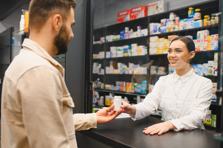 Pharmacist handing a bottle of medical drugs to a customer at a pharmacy counter, focusing on health care and serviceの写真素材
