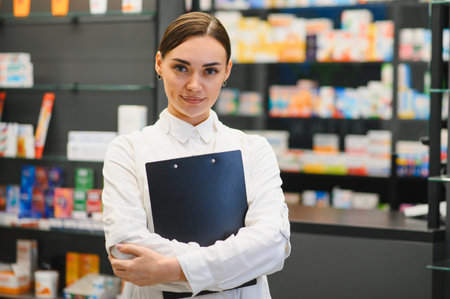 Professional female pharmacist in white coat standing with clipboard, providing healthcare expertise in a modern pharmacyの写真素材