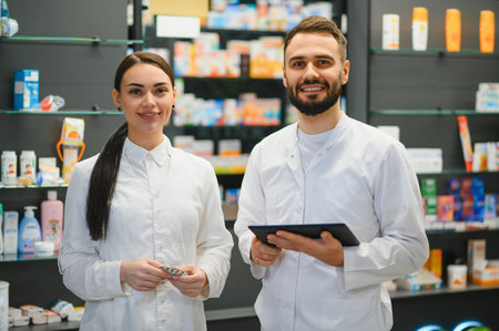 Two smiling pharmacists, a man holding a tablet and a woman holding medicine, standing in a pharmacy, ready to assist customersの写真素材
