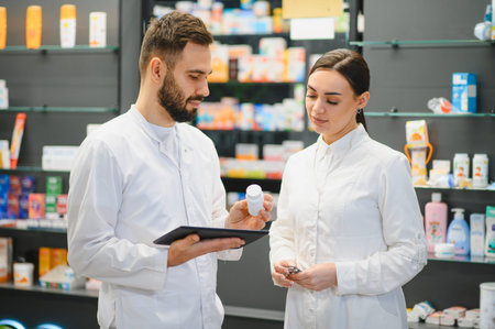 Pharmacists collaborating in a pharmacy, reviewing medication details on a digital tablet and holding medicine packagingの写真素材