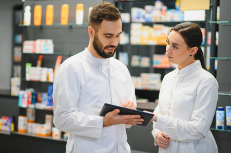Two healthcare professionals, a man and a woman, standing in a pharmacy, reviewing patient information on a tabletの写真素材
