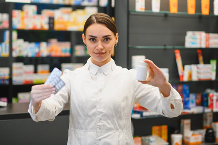 Professional pharmacist holding blister packs and a bottle of medication in a modern pharmacy. Providing healthcare serviceの写真素材