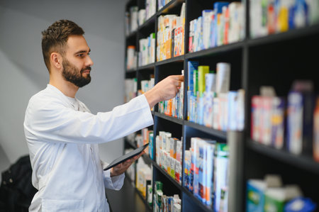 Pharmacist working in modern pharmacy, checking stock on shelves and using a digital tablet for inventory managementの写真素材