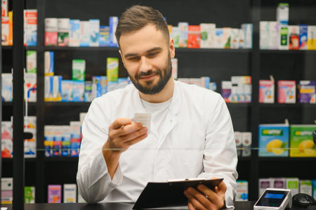 Pharmacist working behind protective screen in pharmacy, holding medicine packaging and documents for prescription accuracyの写真素材