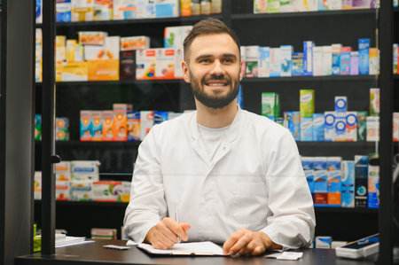 Friendly male pharmacist in white coat smiling behind the counter, holding a pen and clipboard, shelves of medicine visibleの写真素材
