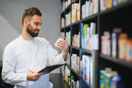 Pharmacist working in a pharmacy, holding a bottle of medicine and a clipboard while checking inventory on shelvesの写真素材