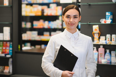 Young female pharmacist smiling, standing in modern drugstore holding a clipboard, ready to assist customers with healthcare needsの写真素材