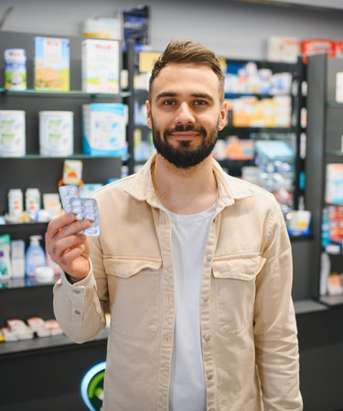 Smiling man holding a blister pack of tablets in a modern pharmacy, representing healthcare, treatment, and shopping for medicineの写真素材