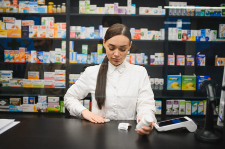 Female pharmacist preparing prescription while processing customer payment at modern drugstore counter, professional service sceneの写真素材