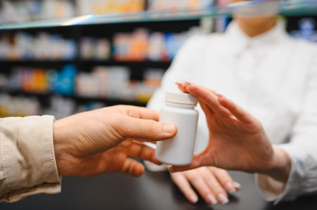 Pharmacist's hands giving a plain white medicine bottle to a customer's hand at a pharmacy, focusing on care and treatmentの写真素材