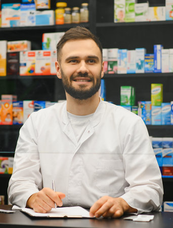 Smiling young male pharmacist wearing a lab coat, writing on a clipboard in a modern pharmacy with medicine on shelvesの写真素材