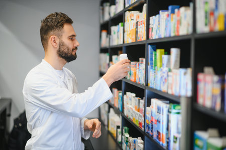 Pharmacist working in a modern drugstore, reaching for a bottle of medicine among many products on...