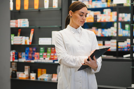 Professional female pharmacist in white coat completing tasks with a clipboard, surrounded by various products in a modern pharmacyの写真素材