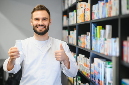 Smiling male pharmacist suggesting a product, standing in front of shelves stocked with various medications in a drugstoreの写真素材