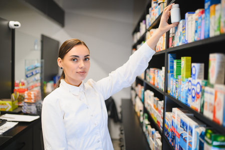 Young pharmacist working in modern drugstore, taking a bottle of medicine from busy shelves. Healthcare and pharmacy conceptの写真素材