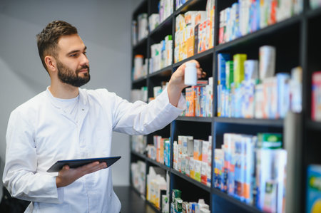 Pharmacist working in a drugstore, holding a digital tablet and organizing medication on shelves in a healthcare settingの写真素材