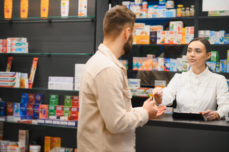 Pharmacist standing behind the counter, handing over medicine or a prescription to a male customer in a modern drugstoreの写真素材