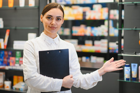 Woman pharmacist holding a clipboard, presenting services in a contemporary pharmacy with medicine shelves in the backgroundの写真素材
