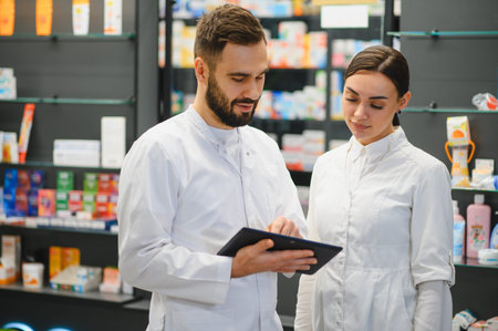 Two healthcare professionals, a male and female pharmacist, are collaborating in a modern drugstore, checking information on a digital tabletの写真素材
