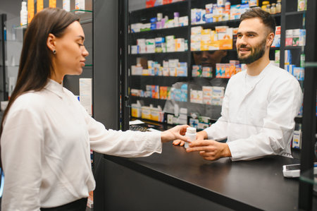 Pharmacist handing a bottle of medication to a female customer at the counter in a modern, well stocked drug storeの写真素材