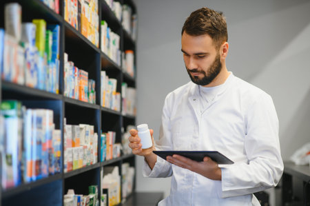 Pharmacist holding a bottle of medicine, checking product details on a digital tablet in a pharmacy aisleの写真素材