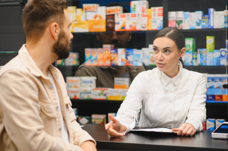 Pharmacist advising male customer at a counter inside a modern pharmacy, discussing medication behind protective screenの写真素材