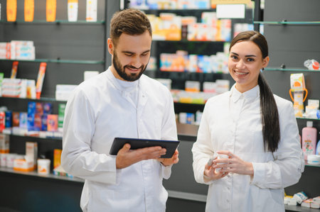 Pharmacist team consulting information on a digital tablet and preparing medication, standing in a contemporary pharmacyの写真素材