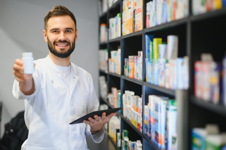 Pharmacist working in a drugstore, providing medicine and using a digital tablet for inventory and customer serviceの写真素材