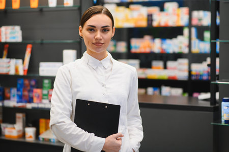 Pharmacist standing in pharmacy, holding clipboard, offering professional healthcare and medical support to customersの写真素材