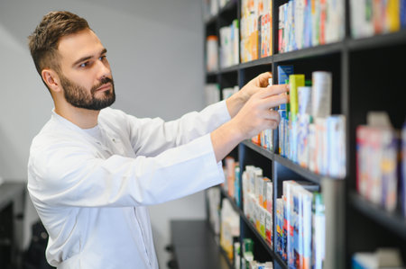 Pharmacist working in a modern pharmacy, organizing boxes of medicines on shelves, providing...