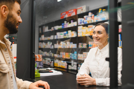Pharmacist smiling, holding medication container, and serving a male customer at the counter through a protective screen in a pharmacyの写真素材
