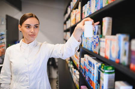 Young female pharmacist or chemist working in a drugstore, examining medication on shelves, providing healthcare serviceの写真素材