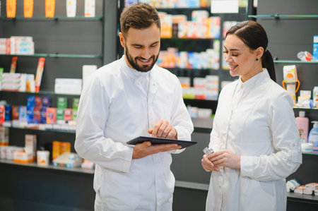Two smiling pharmacists, a man and a woman, wearing lab coats and collaborating while managing medications in a modern pharmacyの写真素材