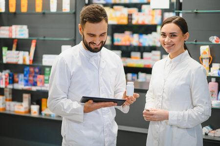 Two smiling pharmacists in white coats collaborating in a modern pharmacy, holding a medicine bottle and digital tabletの写真素材