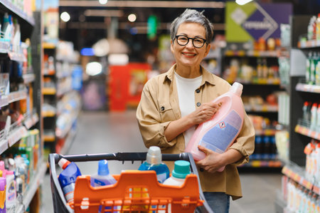 Senior woman holding a large bottle of laundry detergent, pushing a shopping cart down an aisle in a...