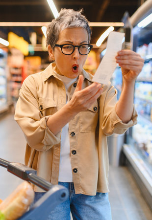 Surprised woman holding a long grocery store receipt, realizing high expense and inflation impact on her budget and shoppingの写真素材