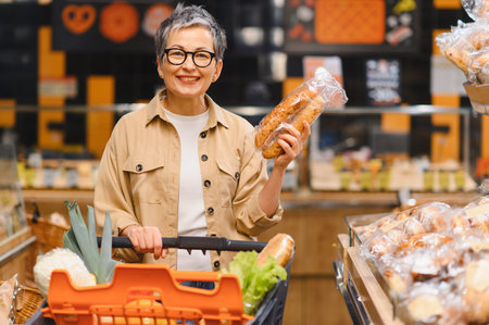 Smiling mature woman pushing a shopping cart filled with fresh produce, choosing a baguette from the bakery sectionの写真素材