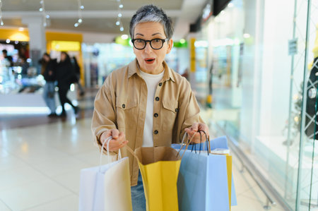 Happy senior woman holding colorful shopping bags, looking excited while enjoying a day of consumerism at the mallの写真素材