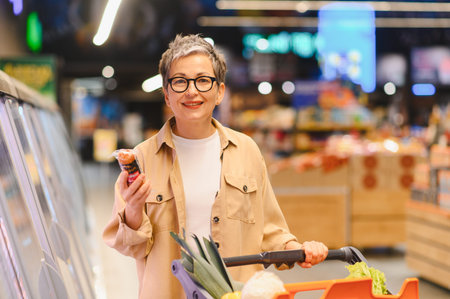Woman with gray hair and glasses shopping, pushing a cart with groceries. She holds a packaged product, smiling at the camera during daily shoppingの写真素材