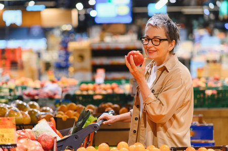 Mature woman with gray hair smiling, holding a fresh pomegranate while pushing a shopping cart in a supermarket fruit aisleの写真素材