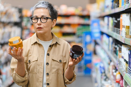 Mature woman making a choice between two cosmetic items while shopping for beauty products in a retail storeの写真素材