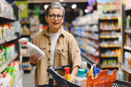 Woman shopping for detergents and cleaning supplies in a grocery store, placing products in her cartの写真素材