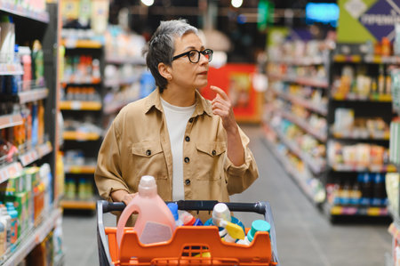 Senior woman pushing a shopping cart filled with cleaning supplies, carefully selecting consumer goods from a store aisleの写真素材