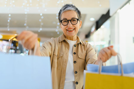 Senior woman enjoying a shopping trip in a mall, happily holding colorful shopping bags and smiling at the cameraの写真素材