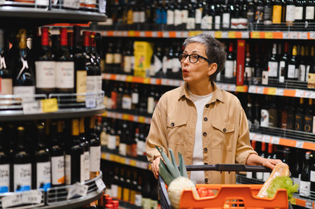 Adult woman with eyeglasses choosing wine bottles from shelves in a supermarket, pushing a shopping cart with groceriesの写真素材