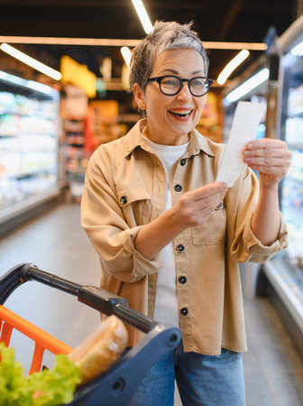 Happy senior woman checking grocery receipt for savings while pushing a shopping cart in a supermarket aisleの写真素材